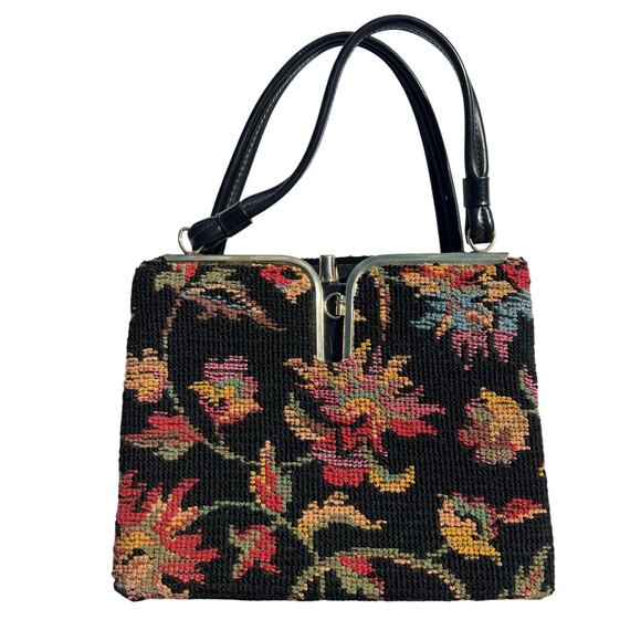 Vintage Floral Print Handbag Purse Tapestry Bag Needle Point Black Red - Picture 1 of 9